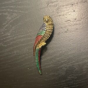 Gold Tone Red Green Blue Enamel Rhinestone Bird Parrot Brooch